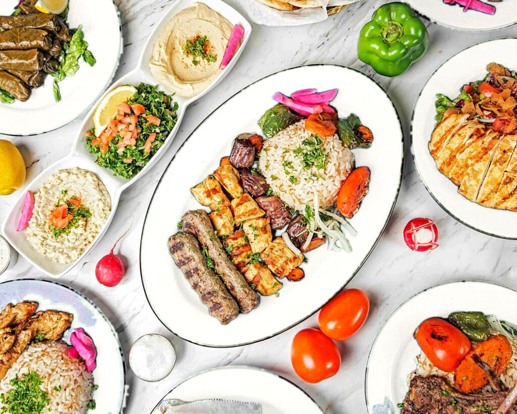 Mediterranean spread of kabobs, kafta, rice, hummus and salads